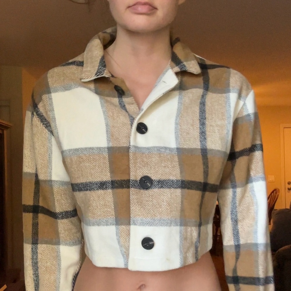 Plaid Cropped Jacket with Black Buttons